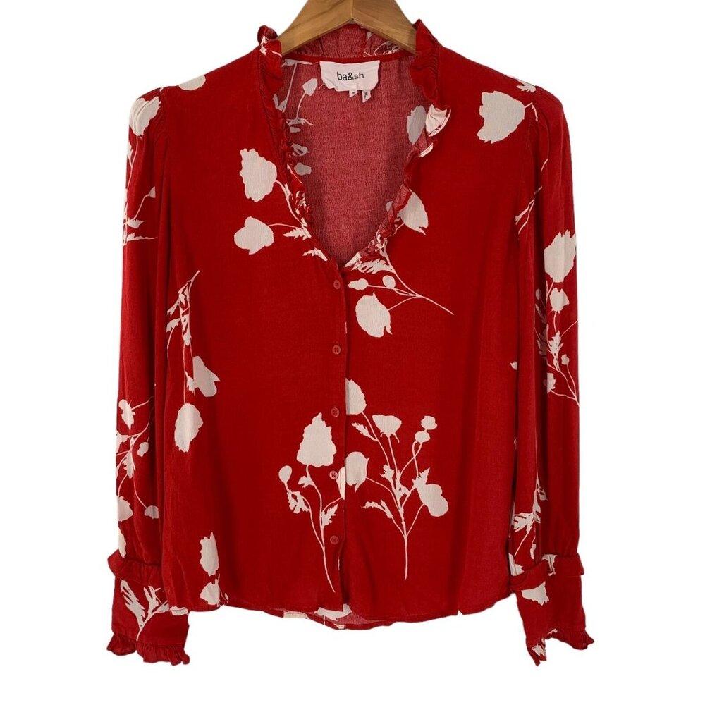 ba&sh Red Floral Ruffle V-Neck Button Front Blouse - Picture 3 of 8